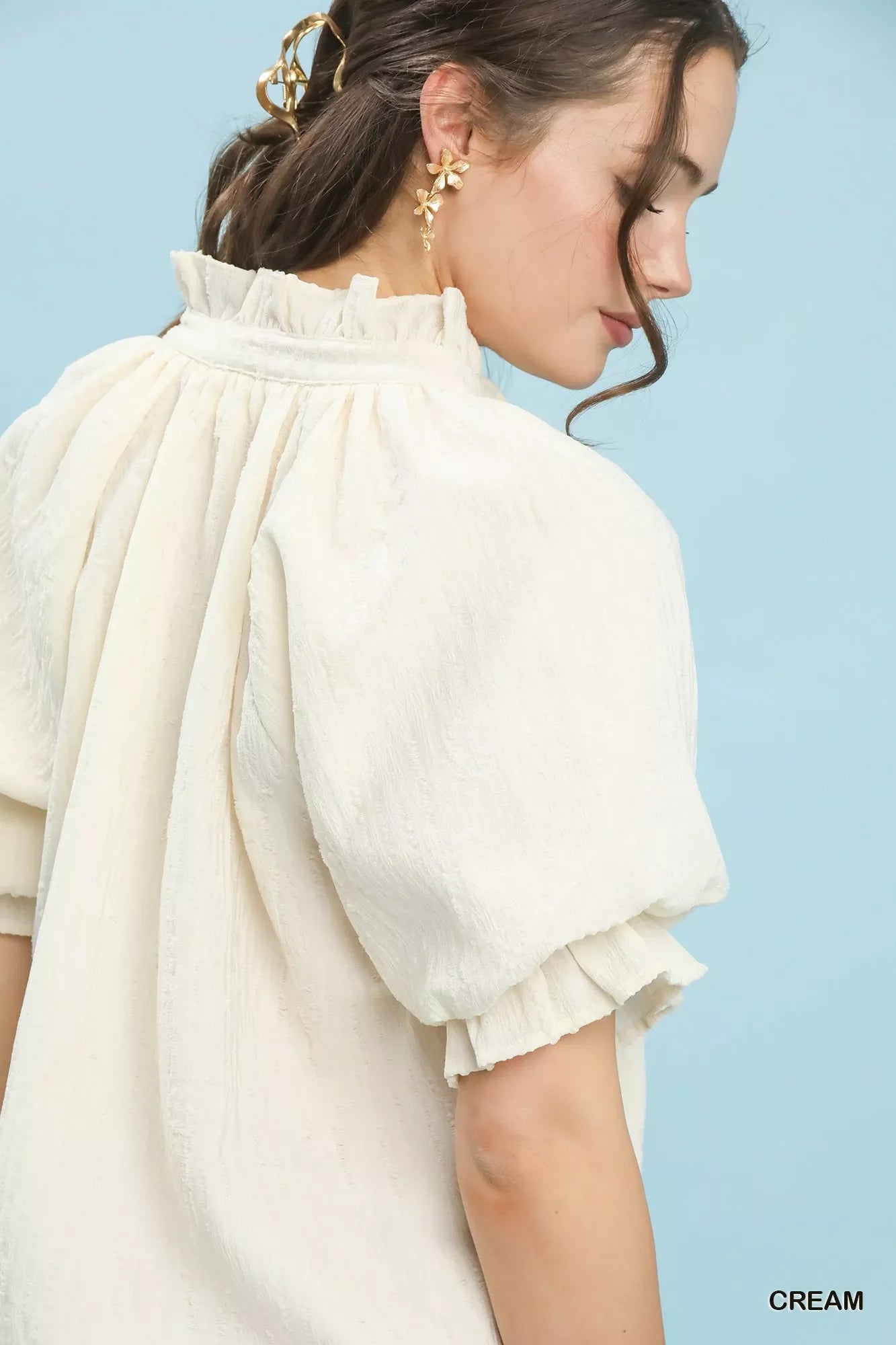 Umgee Textured Puff Sleeve Split Neck Top