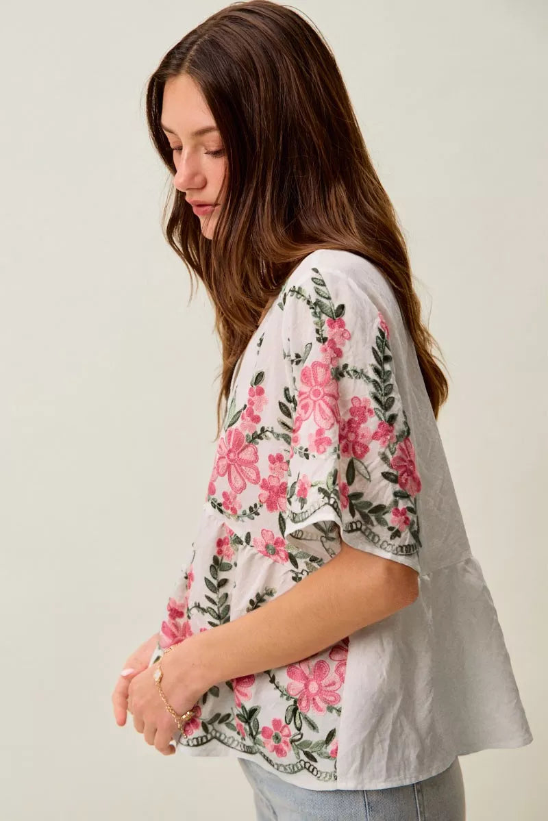 SO ME Floral Embroidered V Neck Boho Blouse Top