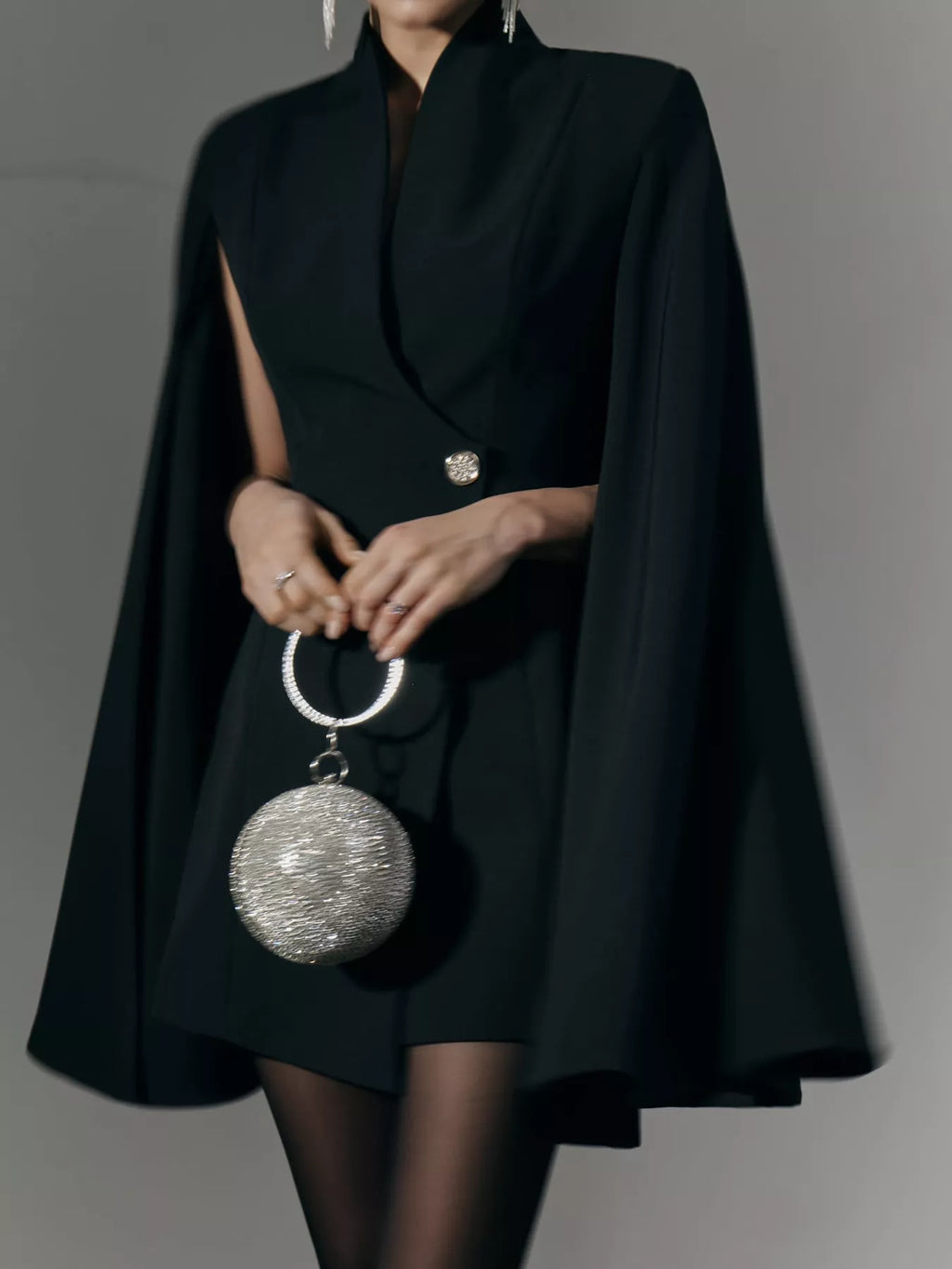 One Button Fitted Mini Blazer Dress with Cape Sleeves