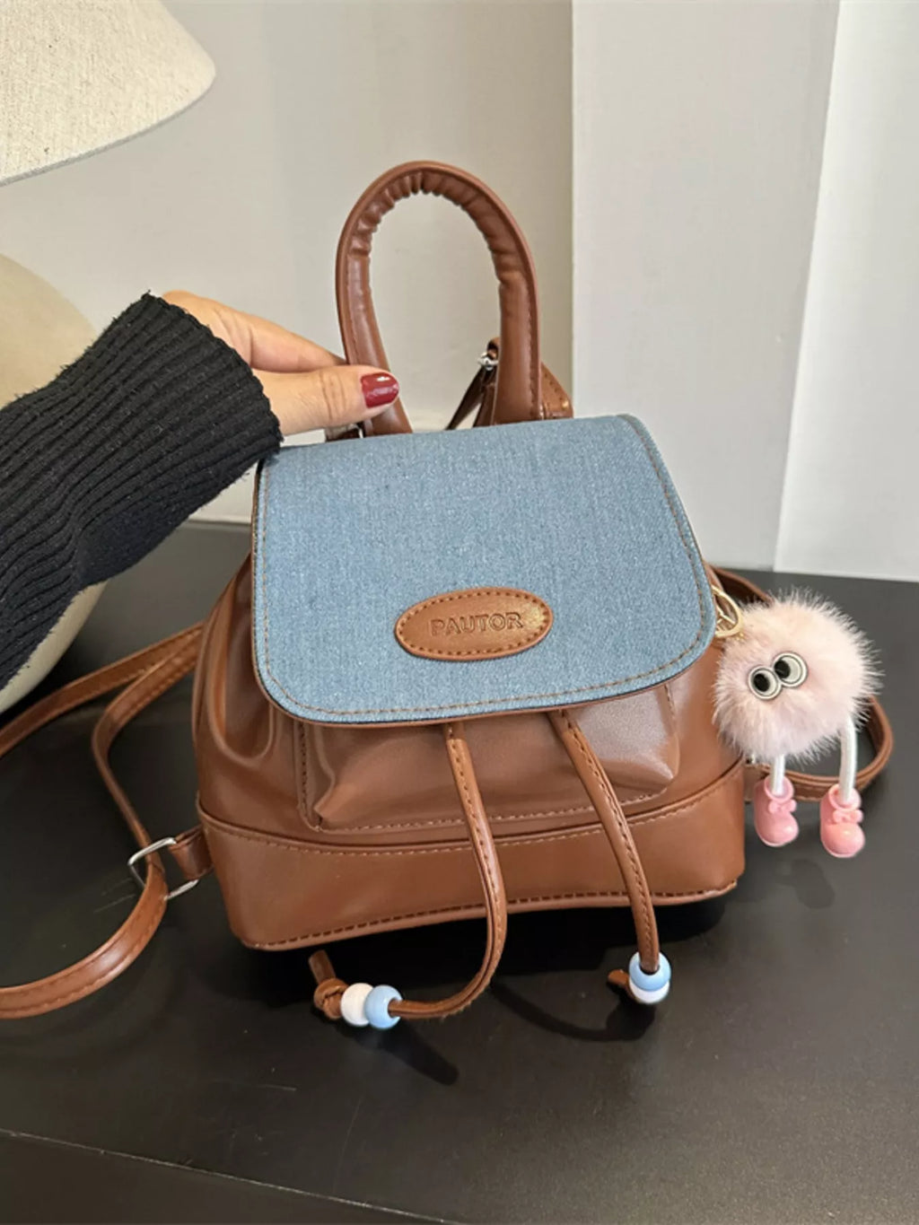 Mini Leather Drawstring Backpack Bag