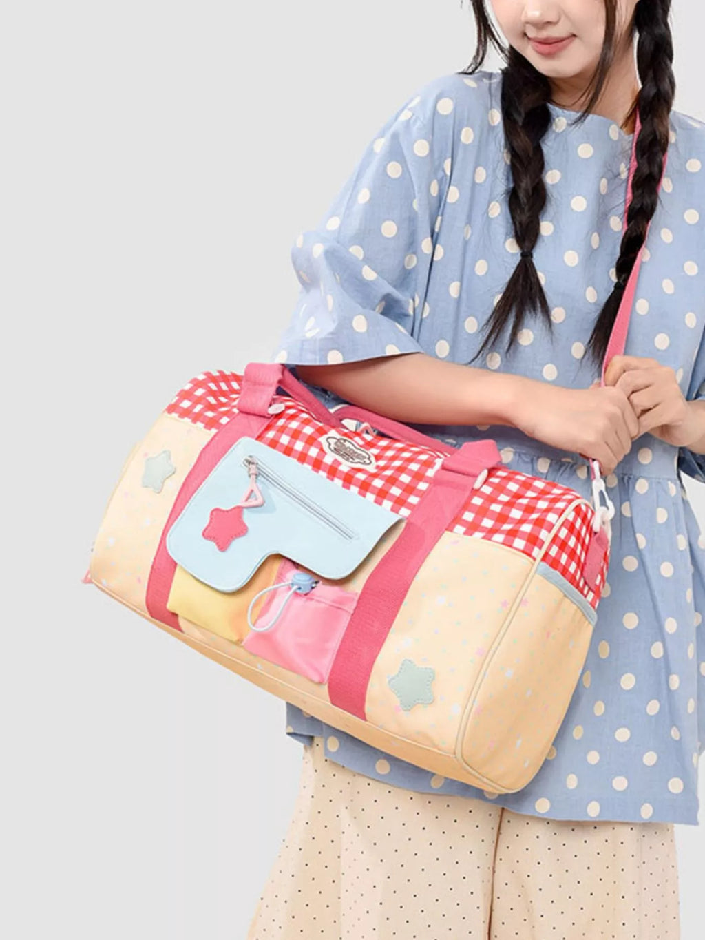 Gingham Duffel Bag with Multi-Pockets