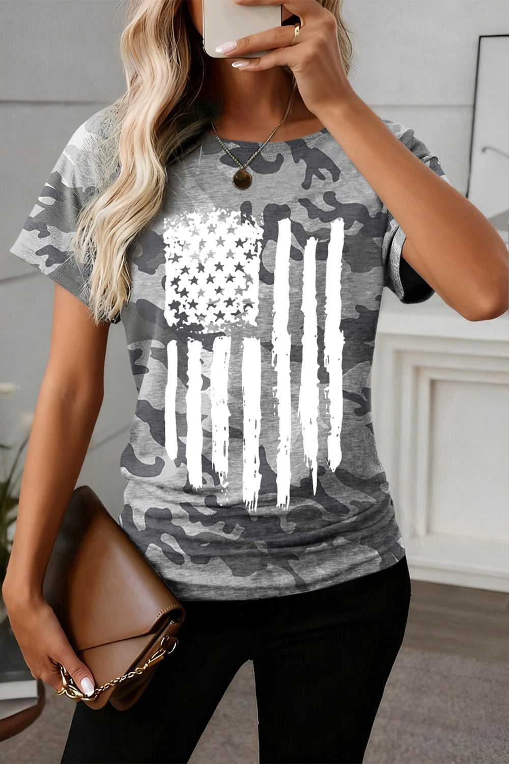 Camouflage Retro American Flag Printed Tee