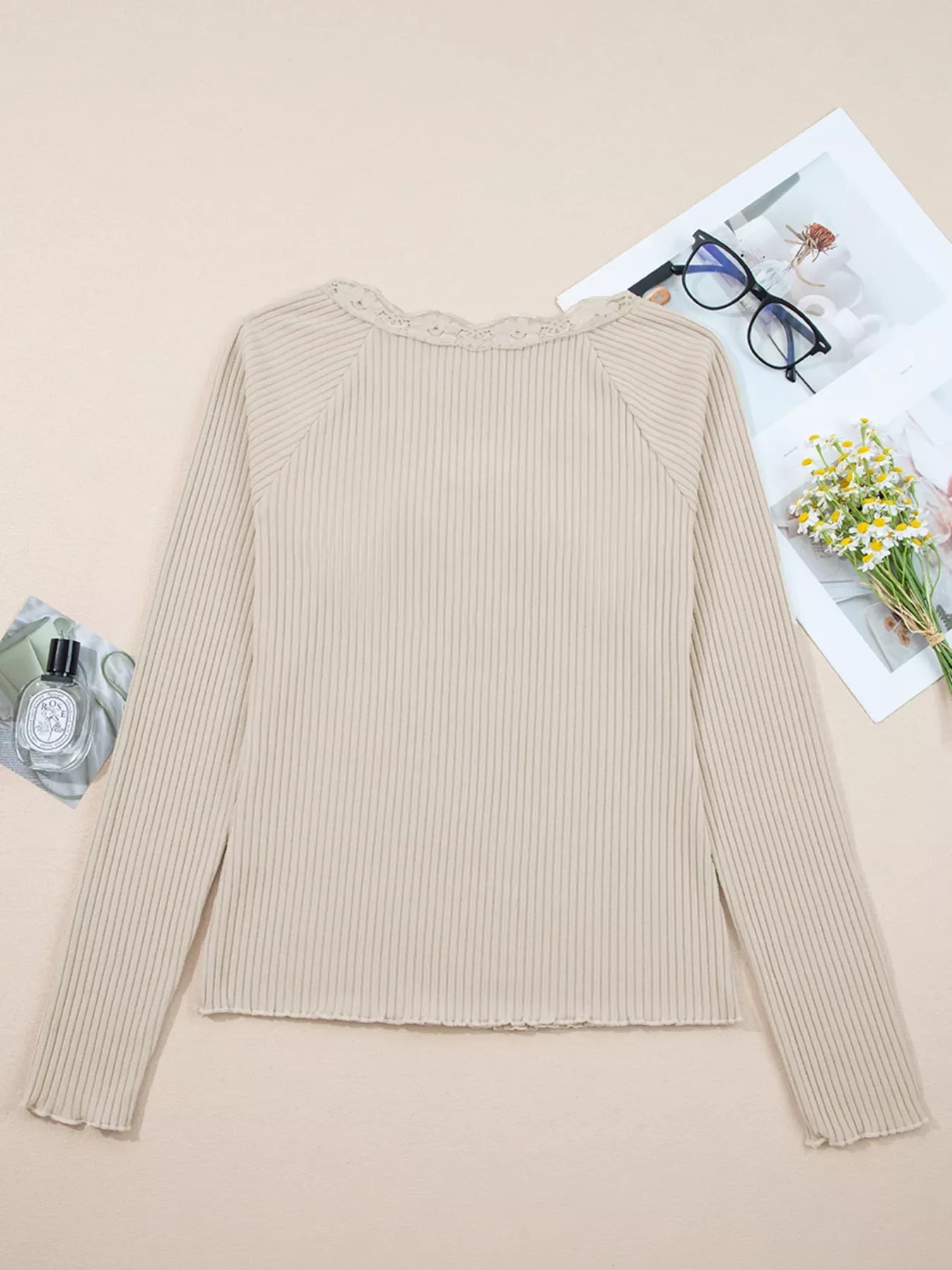 Lace Neckline Button Decor Lettuce Edge Long Sleeve Ribbed Top