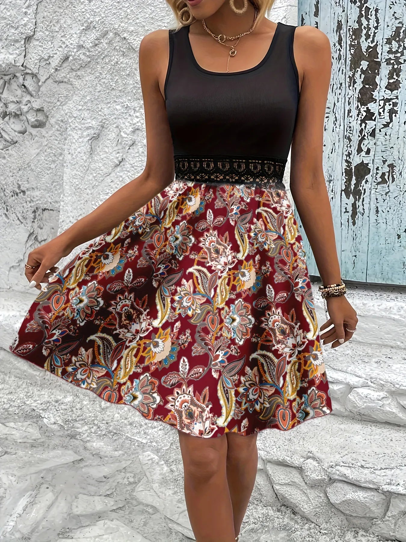 Printed A-Line Tank Dress with Lace Waist Detail