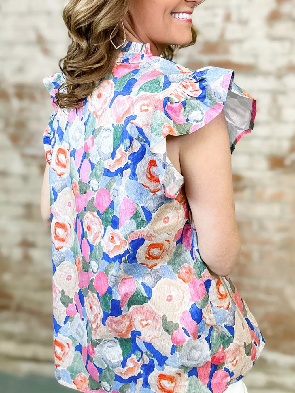Floral Print Tie V Neck Contrast Detail Ruffle Short Sleeve Blouse