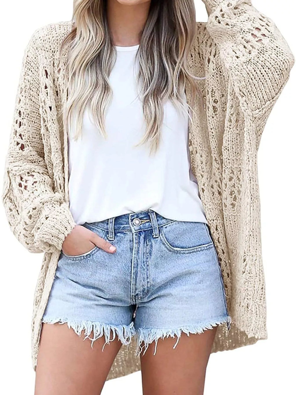 Full Size Openwork Open Front Lightweight Cardigan Plus Size