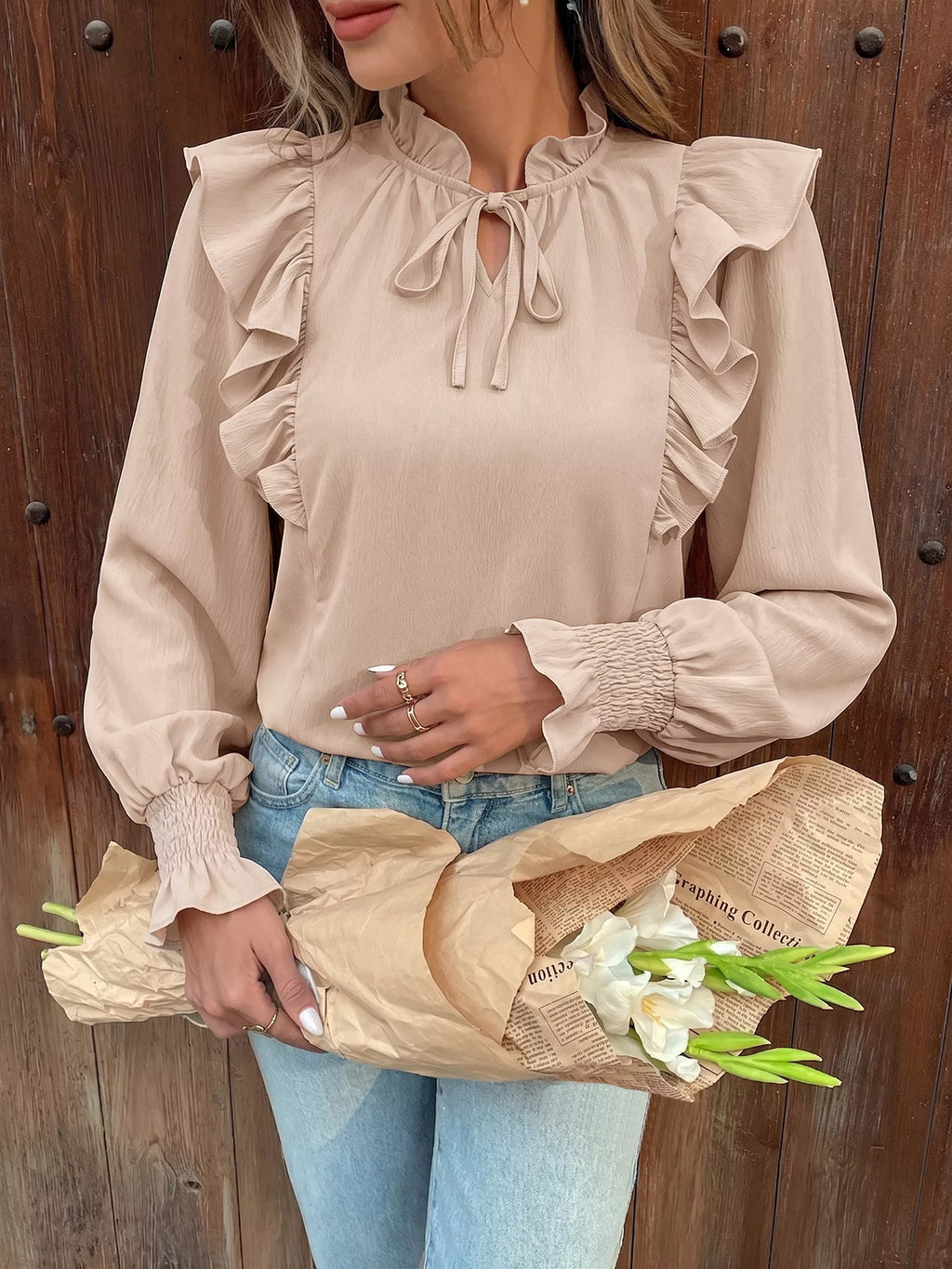 Ruffled Tie Neck Long Sleeve Blouse