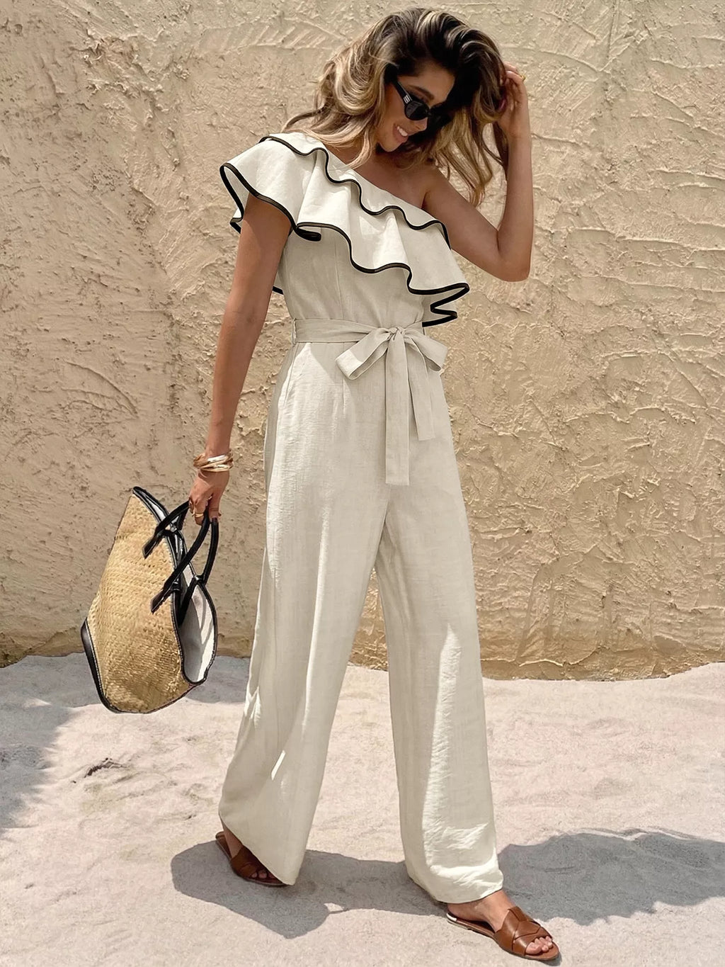 Ruffle One-Shoulder Wide Leg Jumpsuit