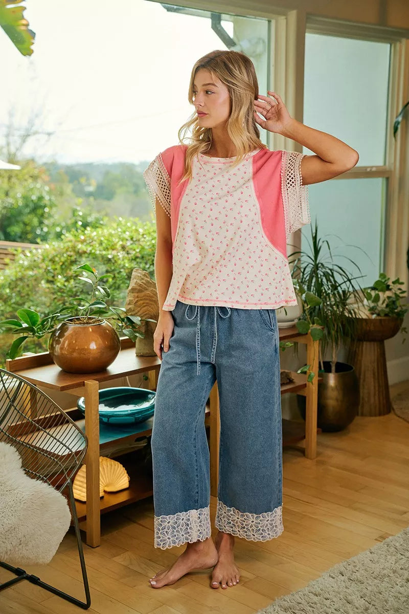 BiBi Washed Denim Waist Flower Lace Trim Pants