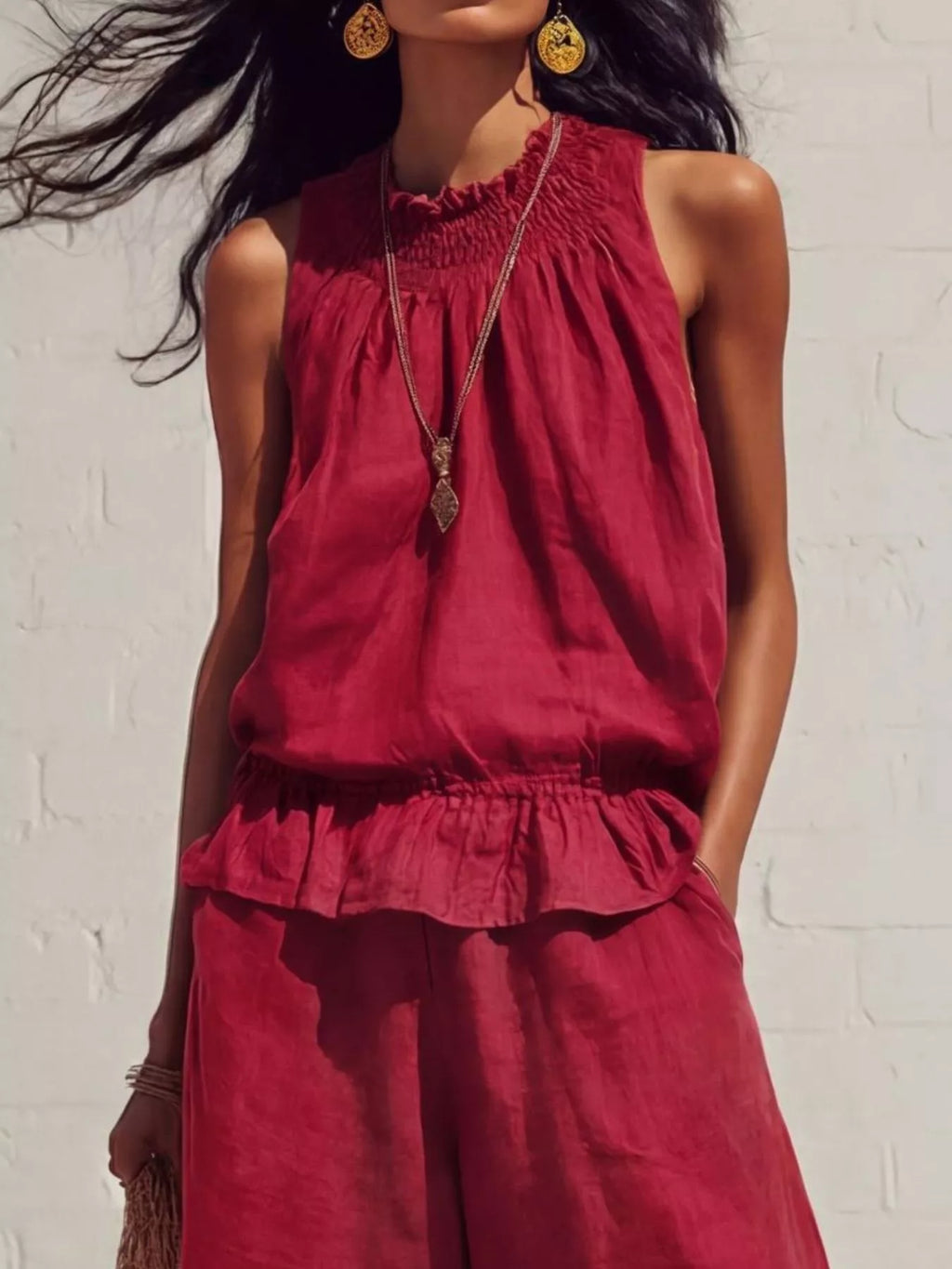 Smocked Ruffled Hem Top and Wide-Leg Pants Set