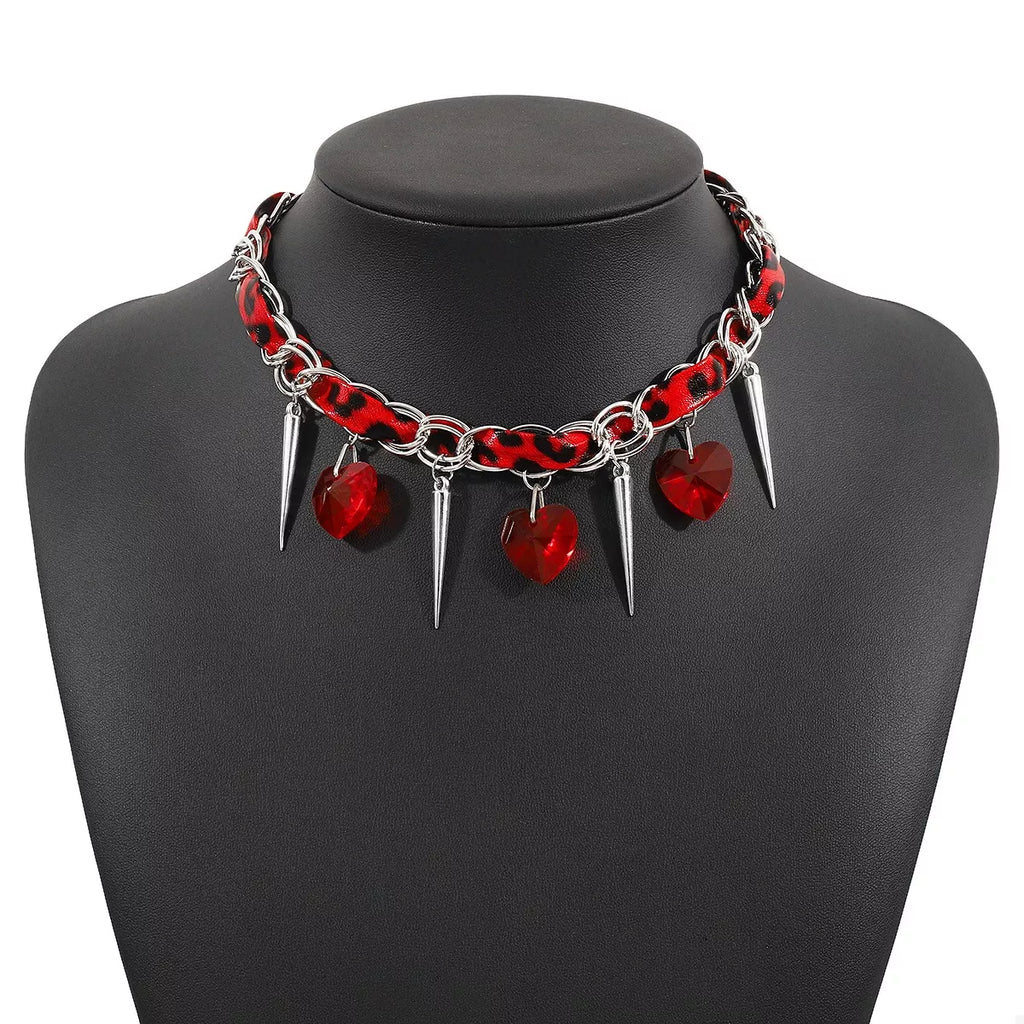Heart Charm Choker Necklace with Metal Spikes
