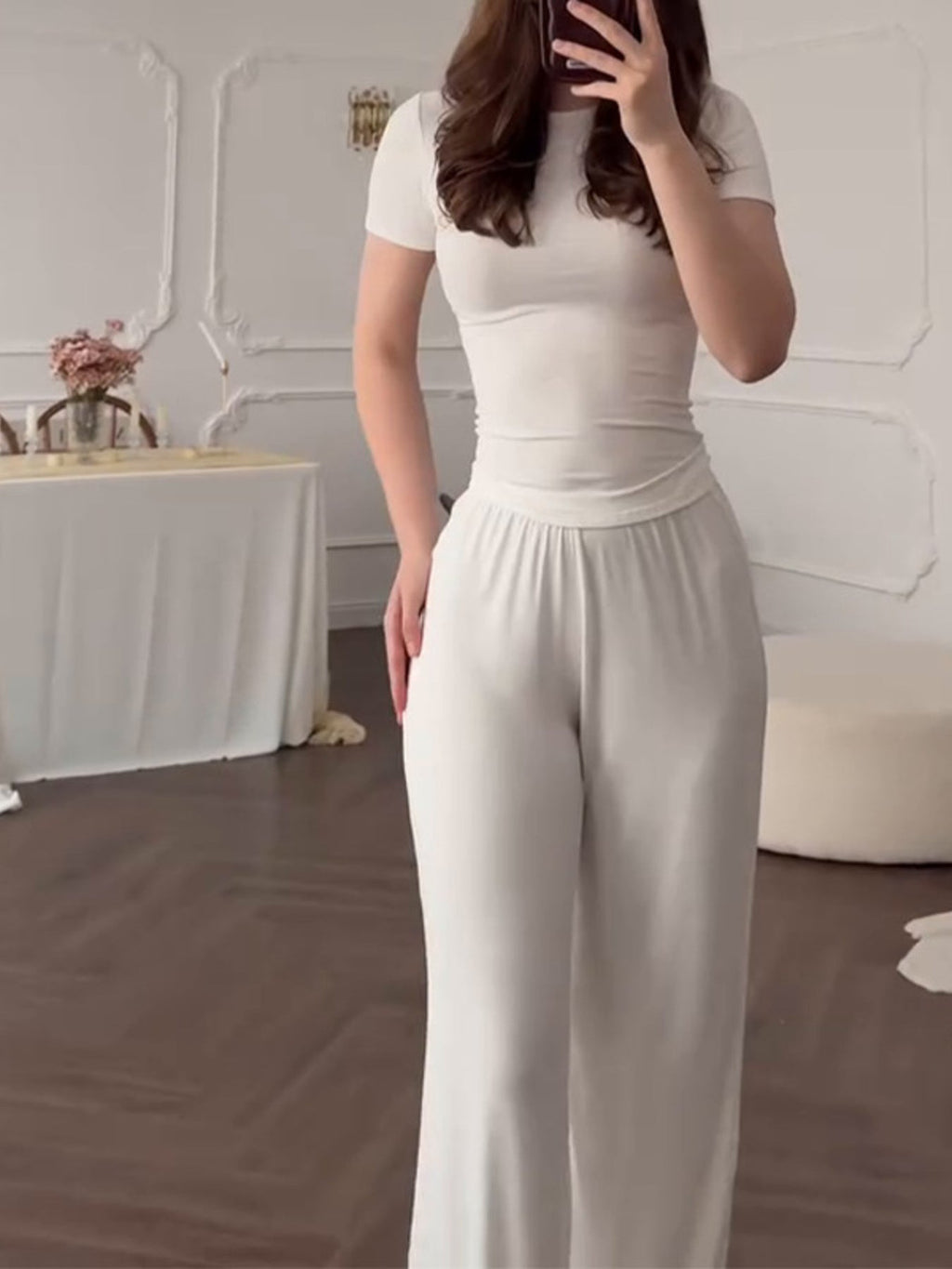 Full Size Round Neck Top and Wide Leg Pants Set Plus Size
