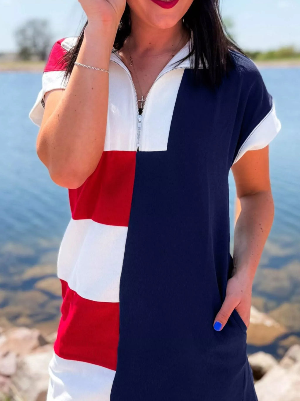 Americana Colorblock Stripes Zip up Collared T Shirt Mini Dress