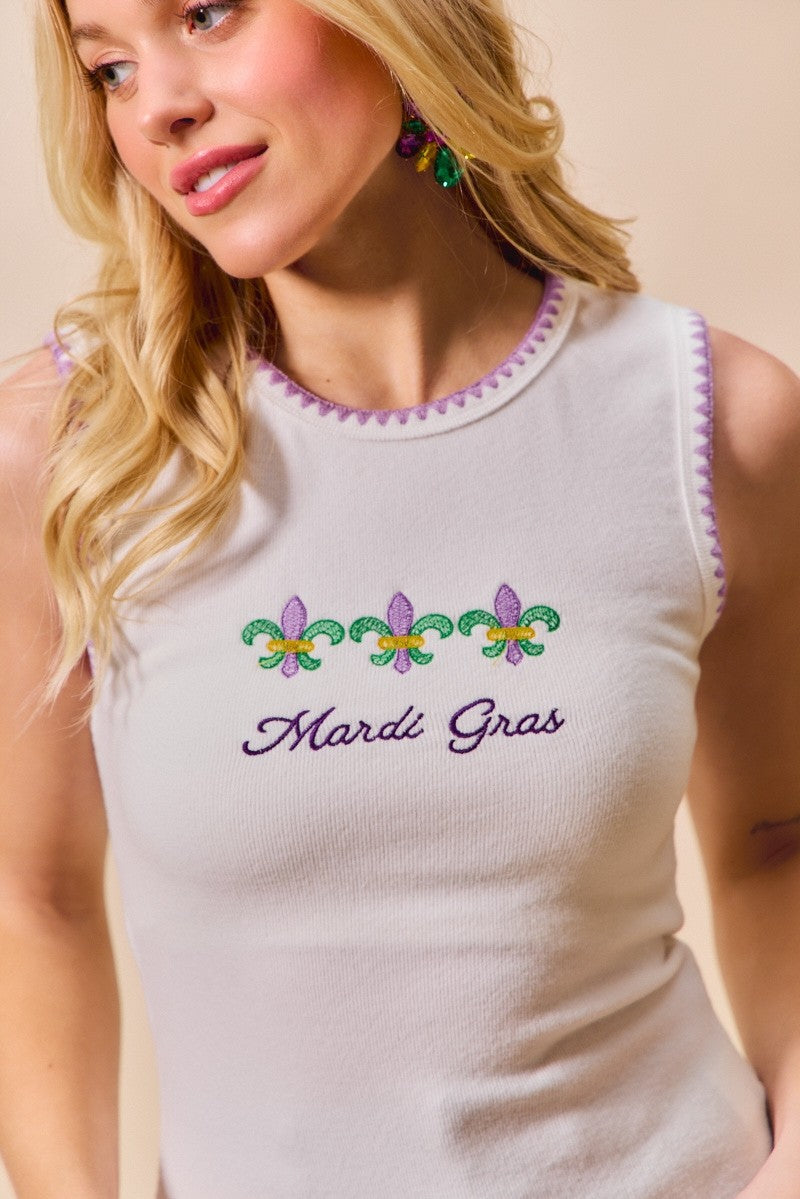 SO ME Mardi Gras Tank Top With Contrast Blanket Stitch