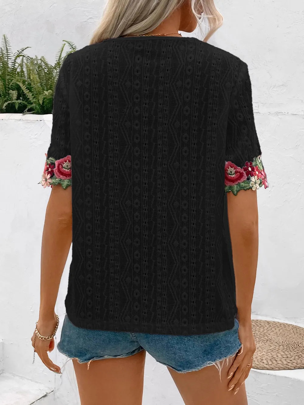 Ivy Lane Eyelet Embroidered V-Neck Short Sleeve Blouse