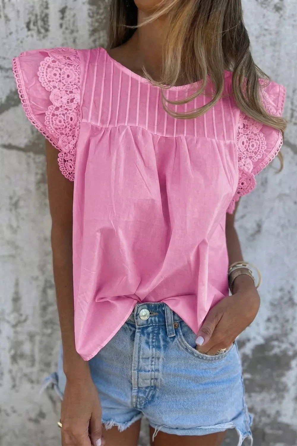 Lace Detail Flutter Sleeve Pleated Round Neck Blouse