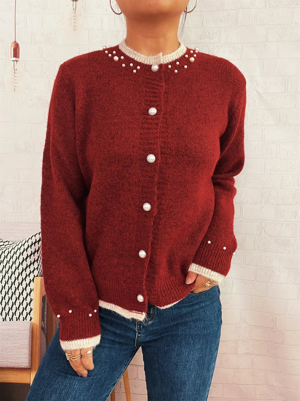 Pearl Embellished Button-Front Cardigan