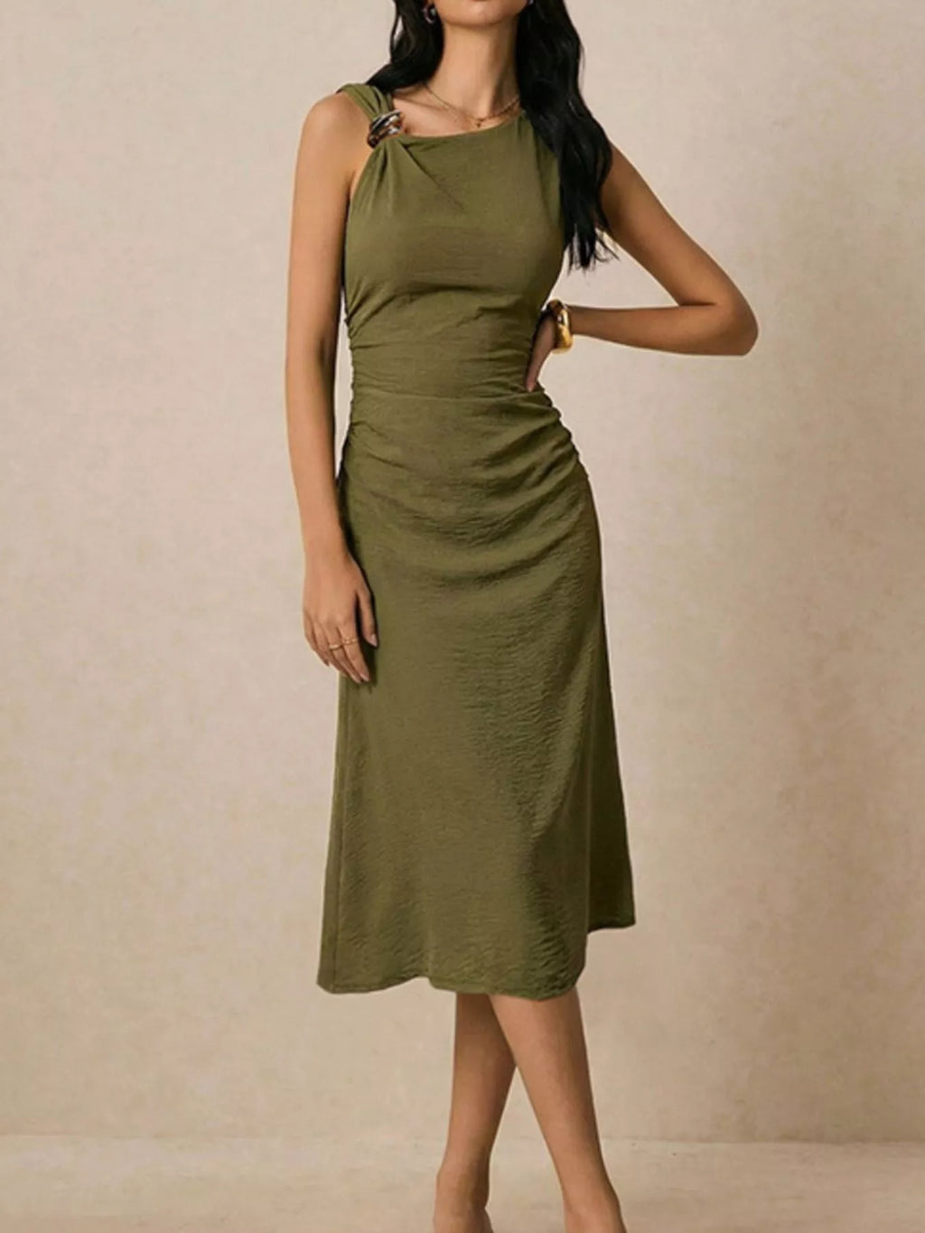 Asymmetrical Neck Ruched Midi Dress