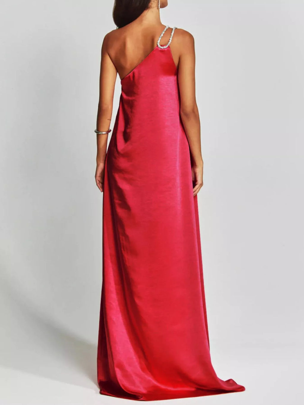 One-Shoulder Rhinestone Satin Maxi Dress