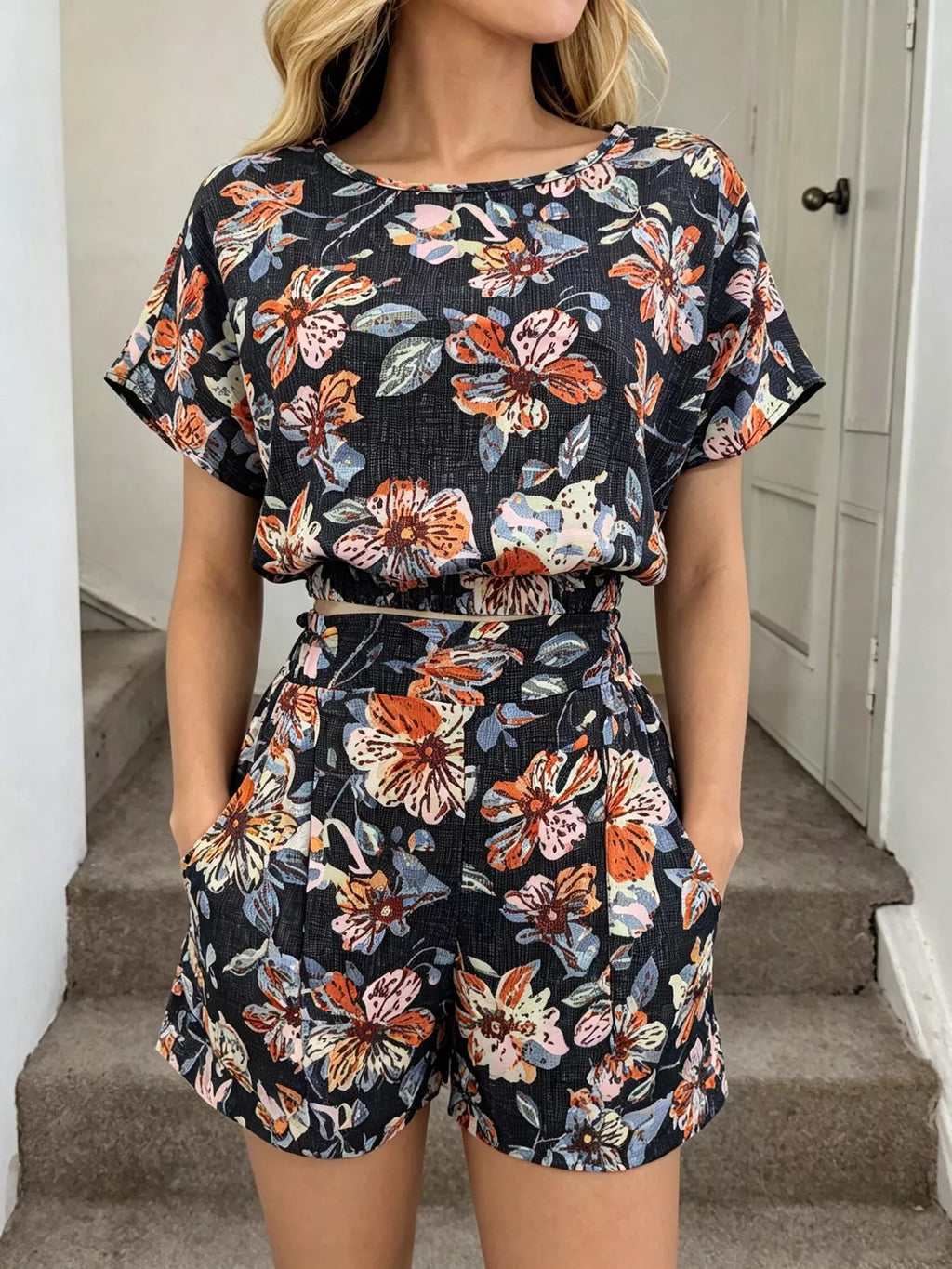 Floral Print Crop Top and Shorts Set