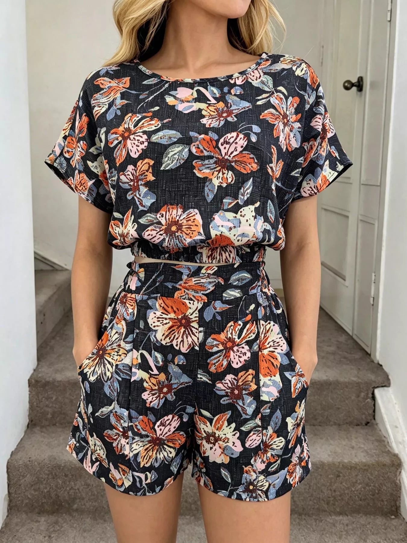 Floral Print Crop Top and Shorts Set