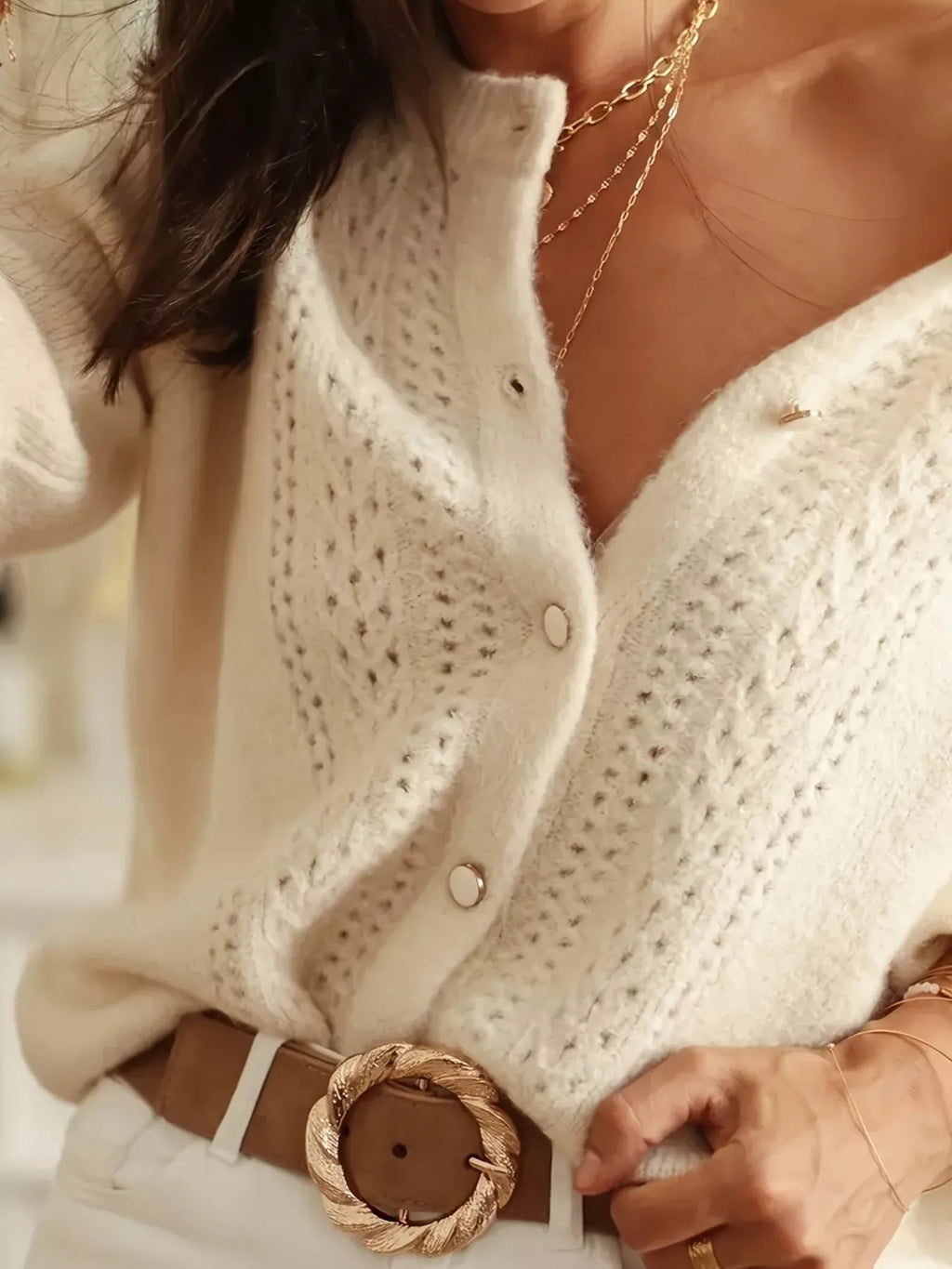 Button-Down Eyelet Long Sleeve Cardigan