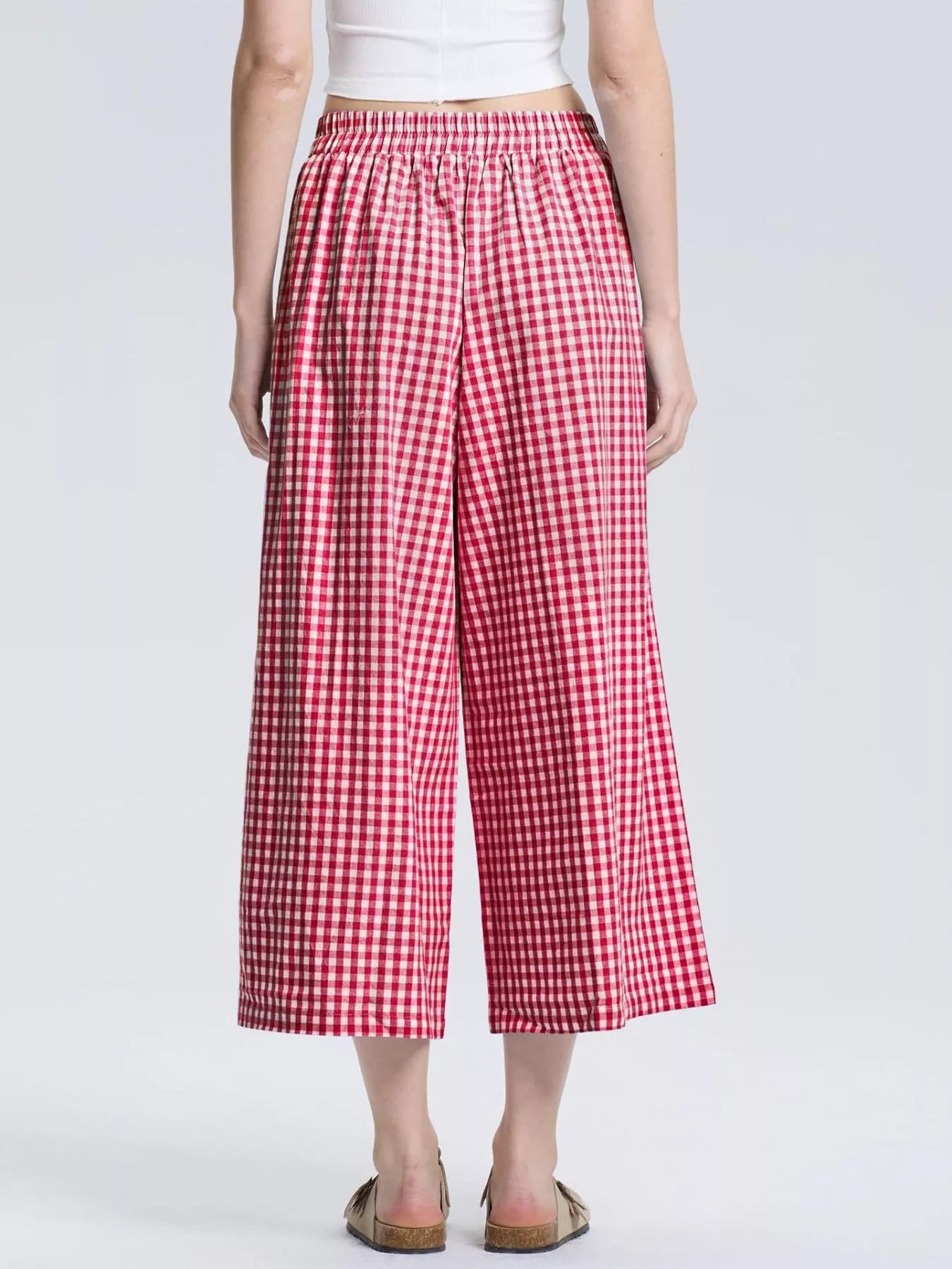 Gingham Wide-Leg Cropped Pants
