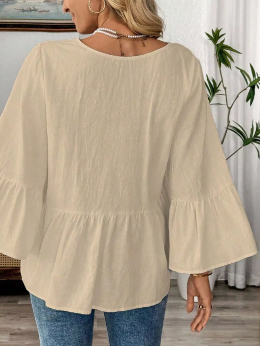 V-Neck Bell Sleeve Blouse