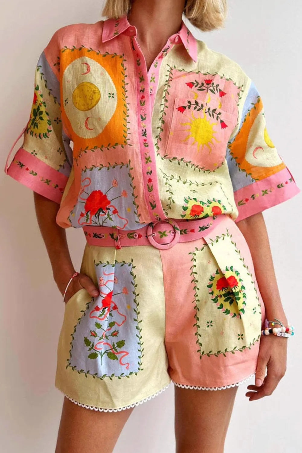 Printed Short Sleeve Shirt and Shorts Set