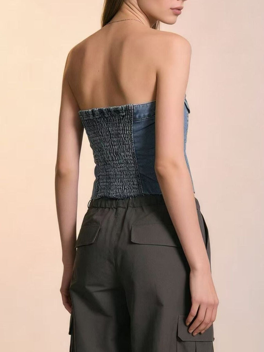 Button-Front Strapless Denim Top