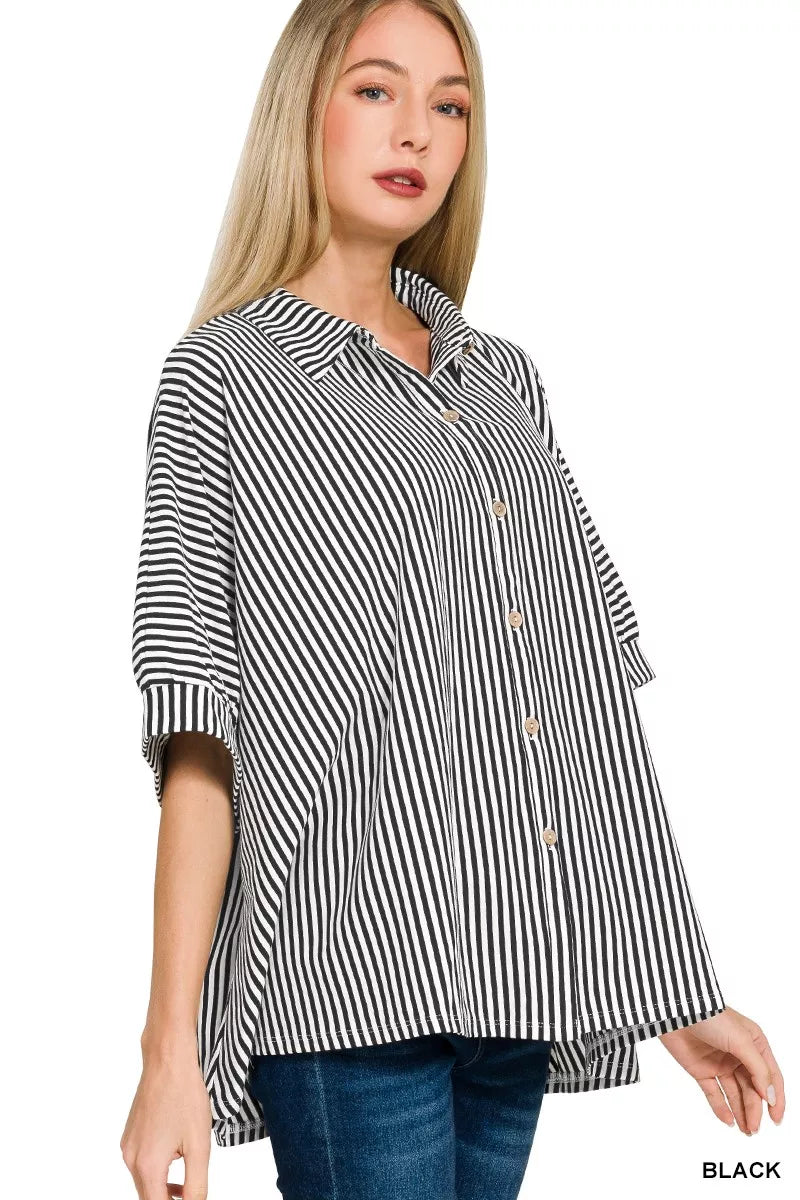 Zenana Oversized Stripe Button Down Shirt