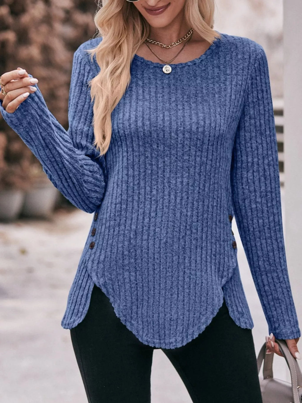 Ribbed Knit Long Sleeve T-Shirt
