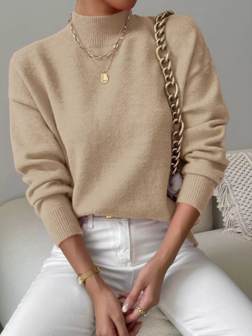 Mock Neck Dropped Shoulder Sweater