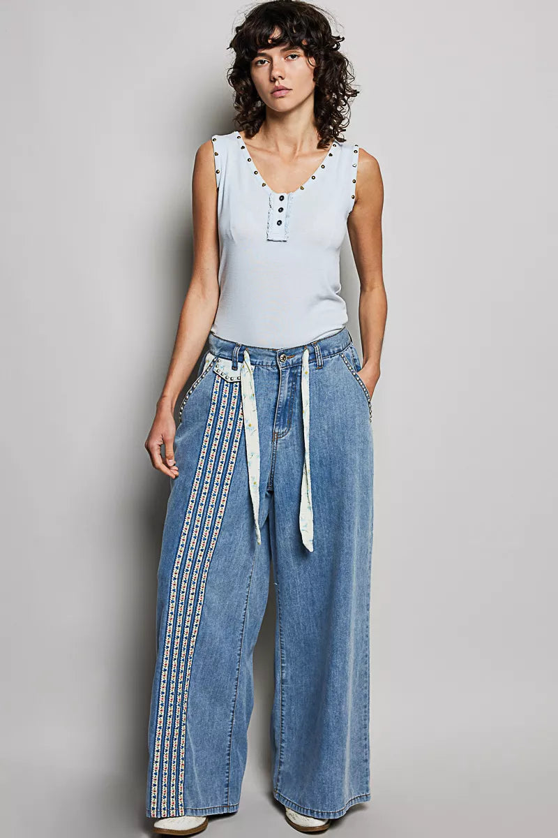 POL Studded Trim Button-Front Ruffle Detail Tank