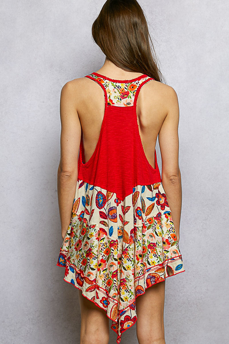 POL Round Neck Ribbed Tank with Woven Print Patch