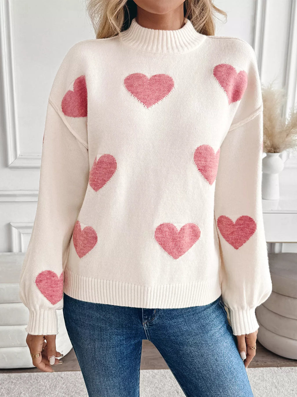 Heart Mock Neck Long Sleeve Sweater