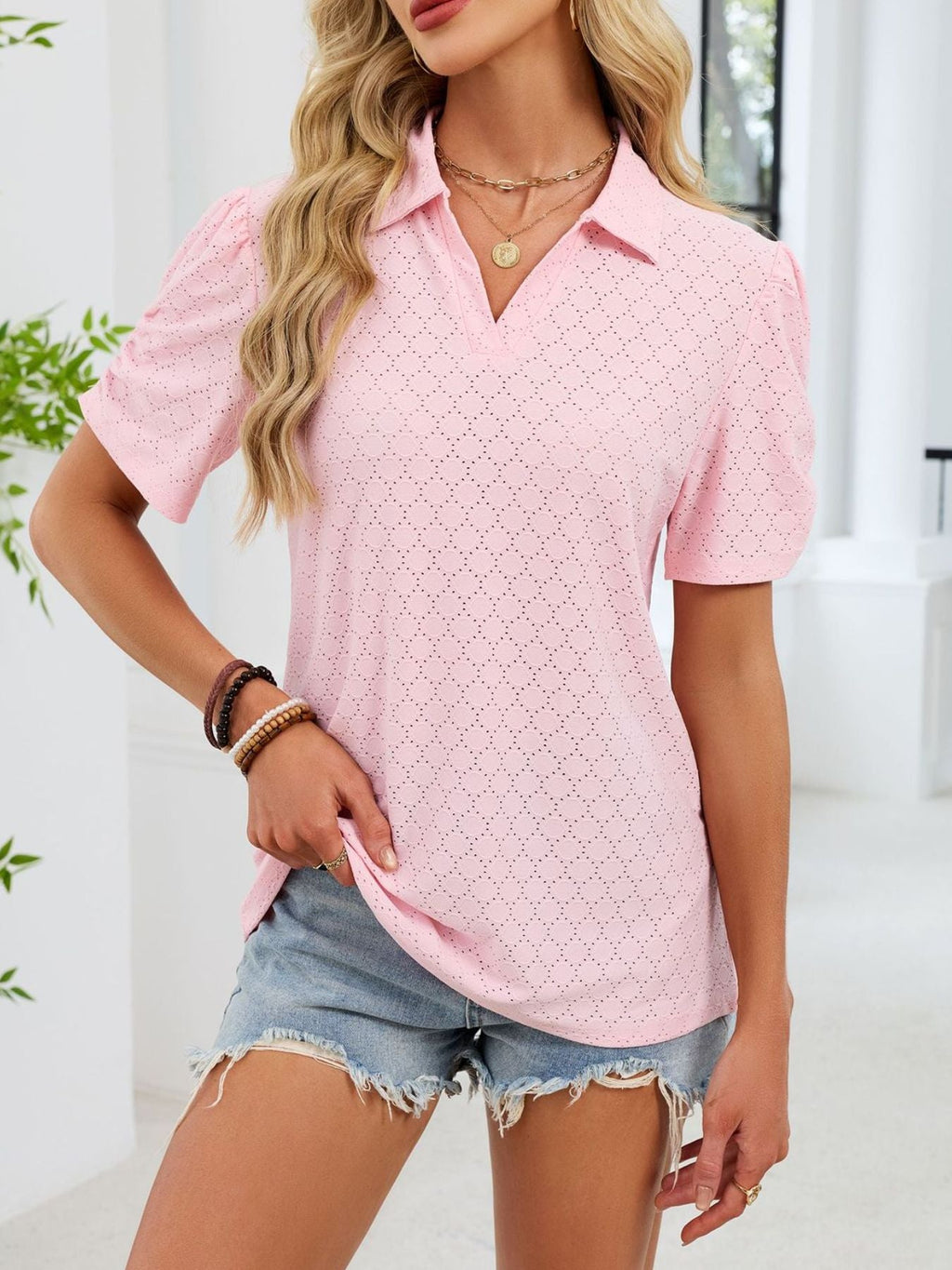 Eyelet Short Sleeve Blouse