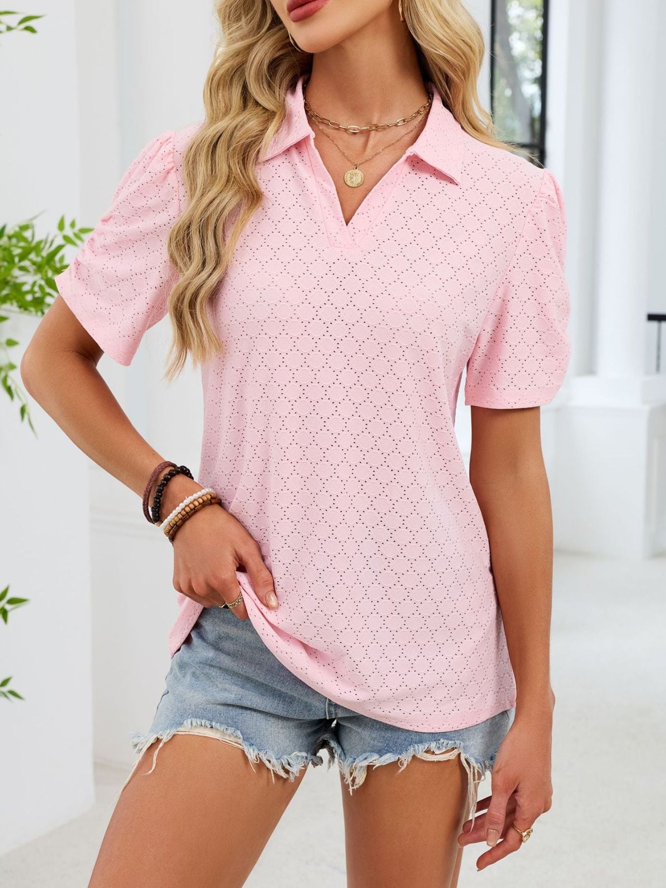 Eyelet Short Sleeve Blouse