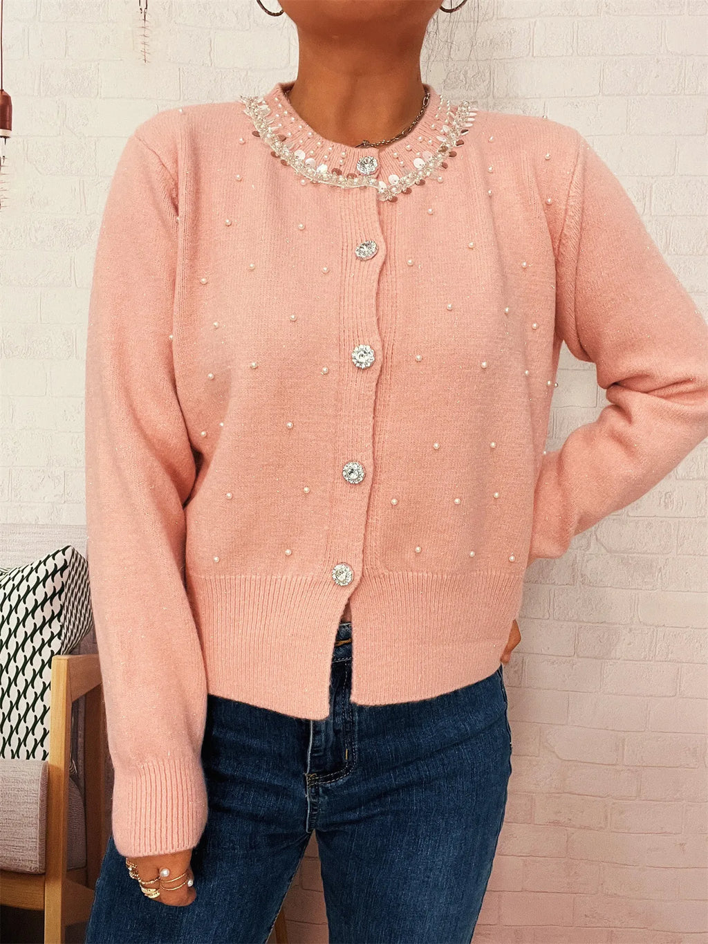 Pearl Detail Button-Front Cardigan