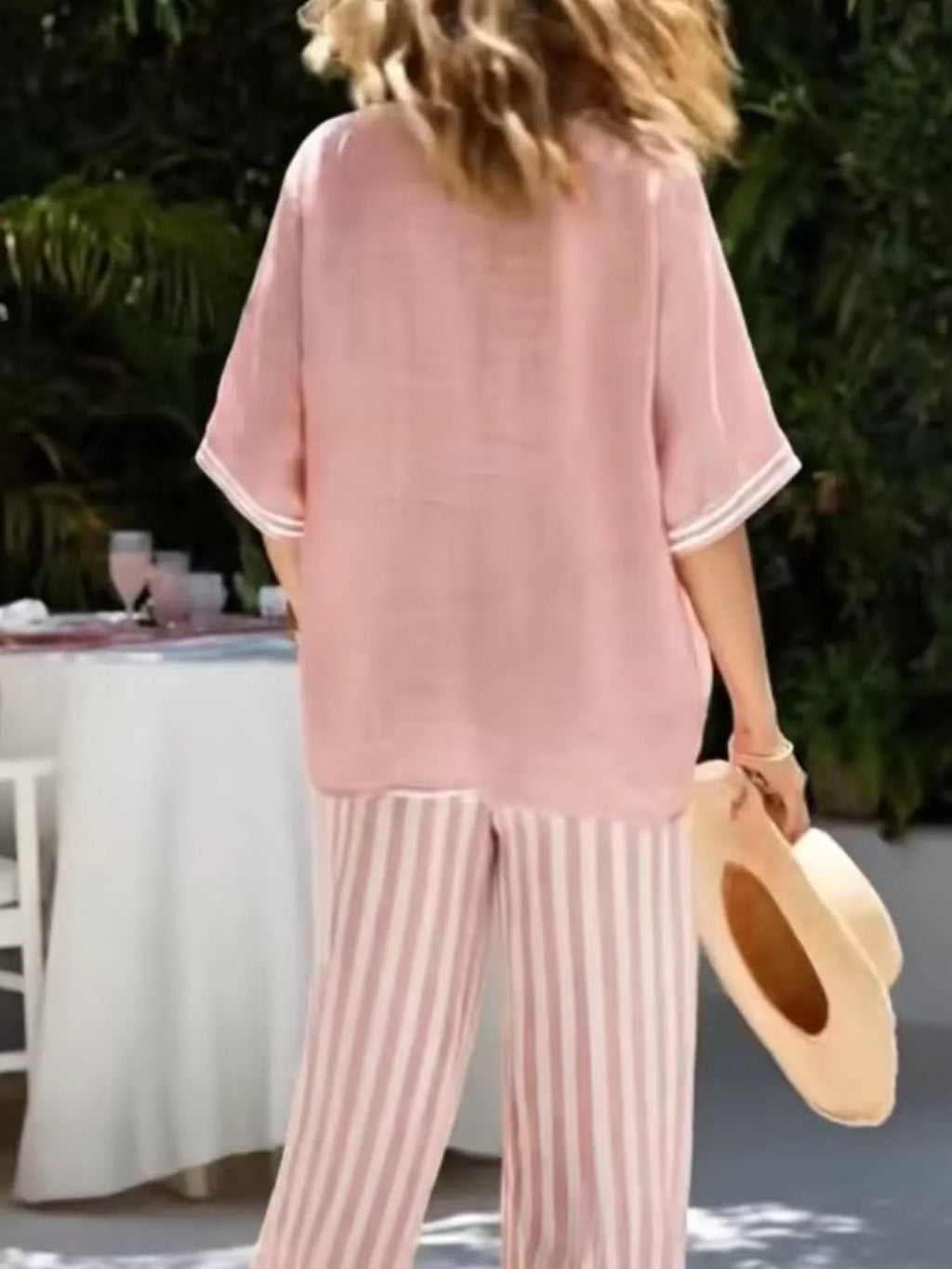 Full Size Striped V-Neck Top and Wide Leg Pants Set Plus Size