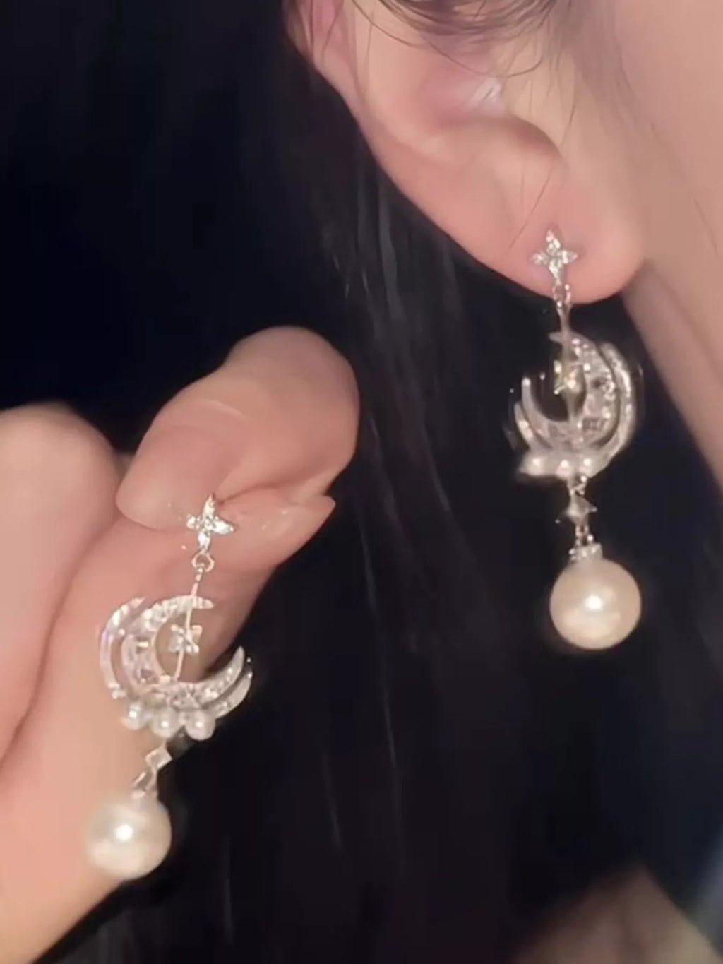 Moon & Star Pearl Dangle Earrings