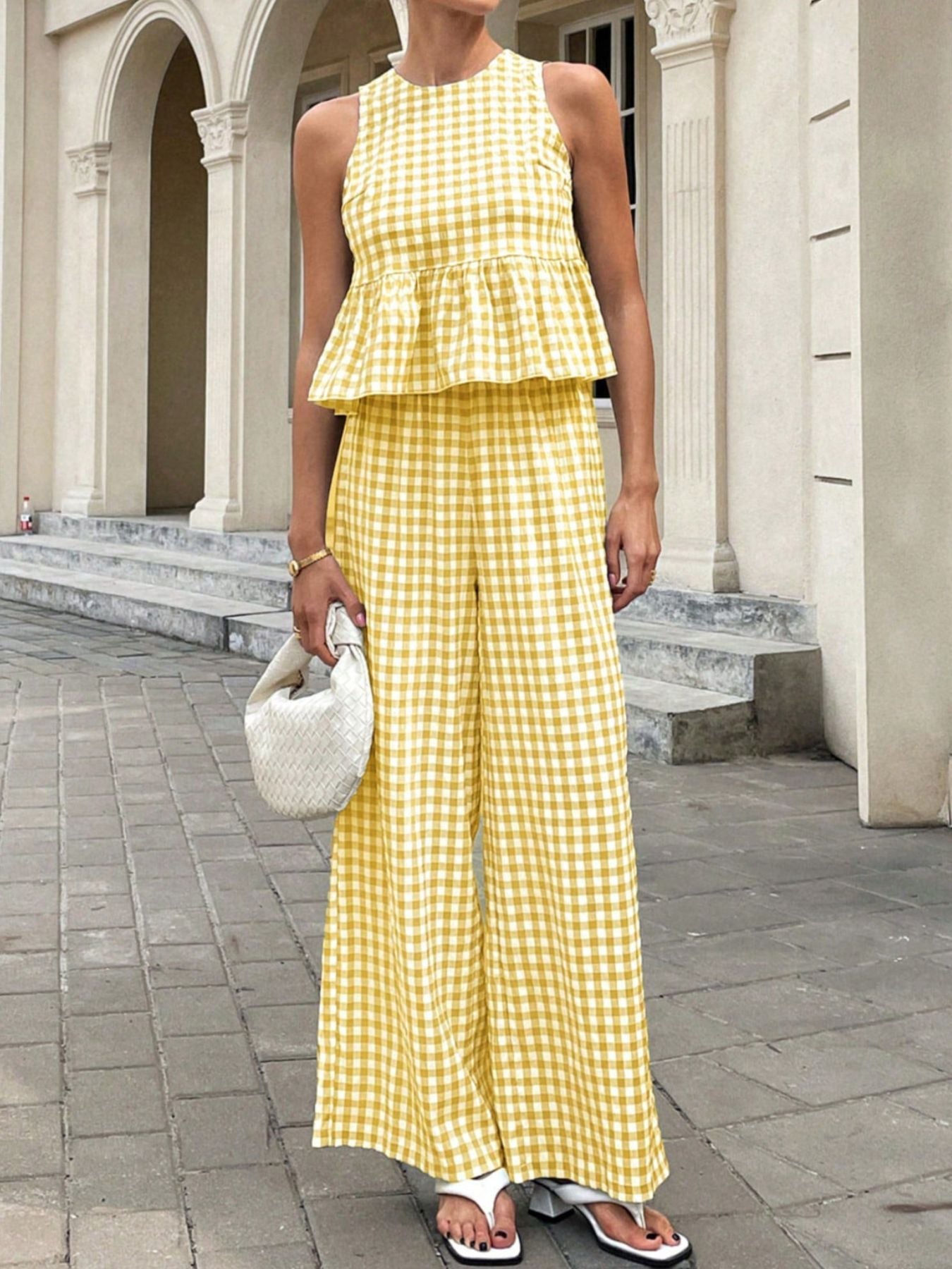 Gingham Sleeveless Top and Wide-Leg Pants Set