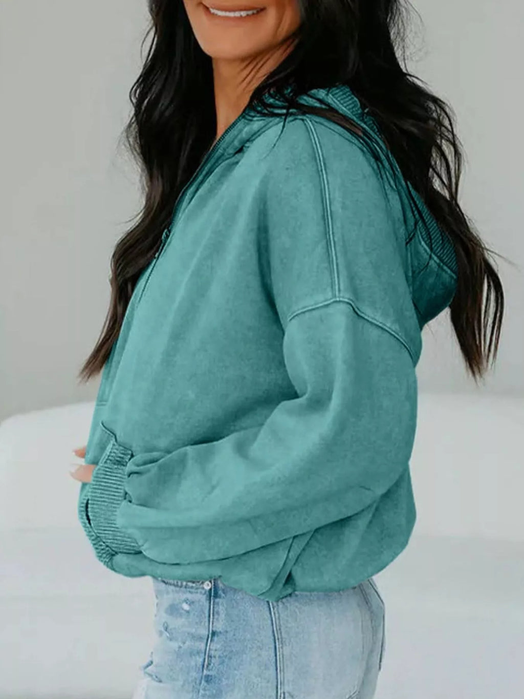Half Zip Kangaroo Pocket Mineral Wash Baggy Hoodie