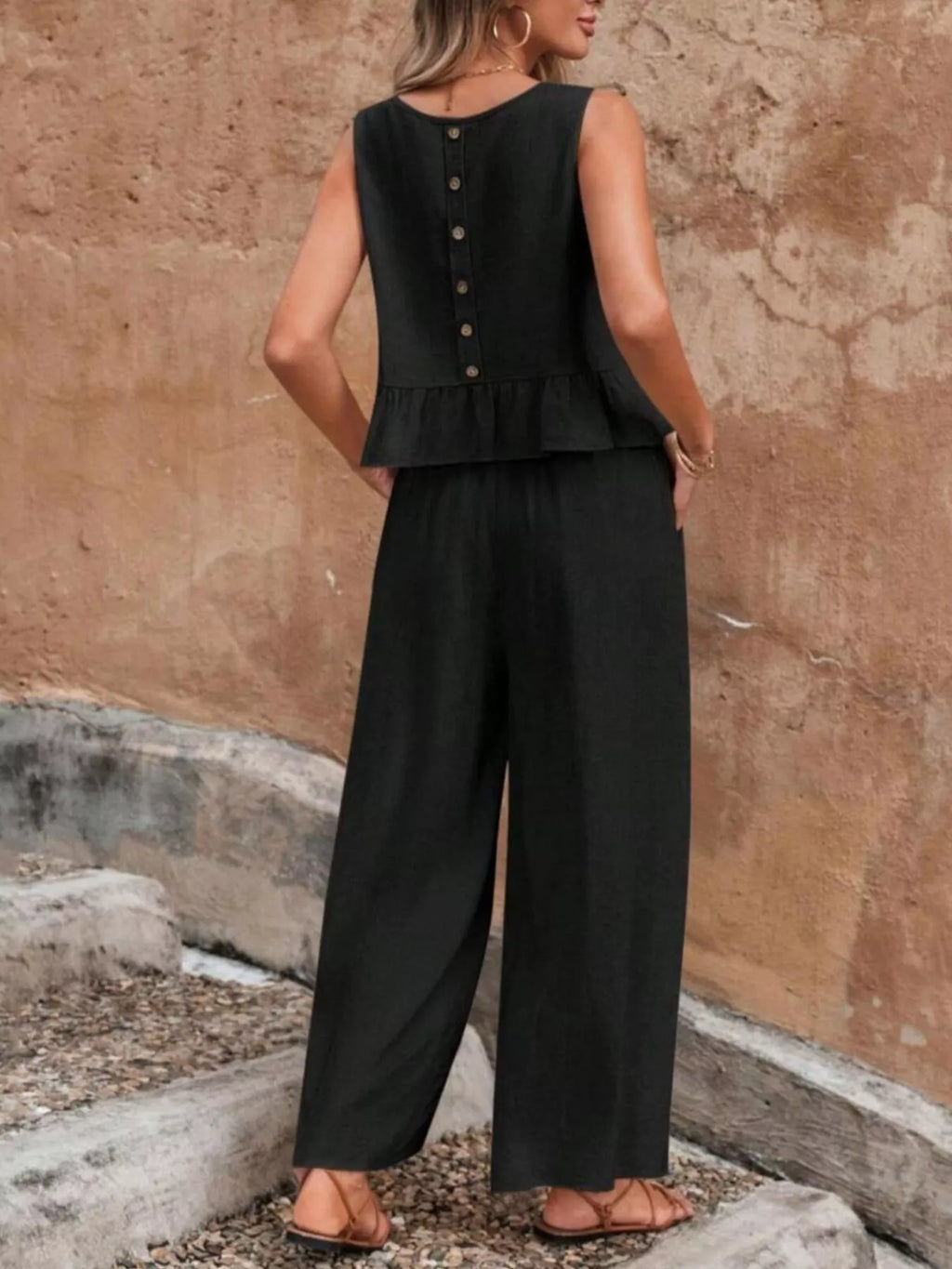 Sleeveless Ruffle Hem Top and Wide Leg Pants Two-Piece Set