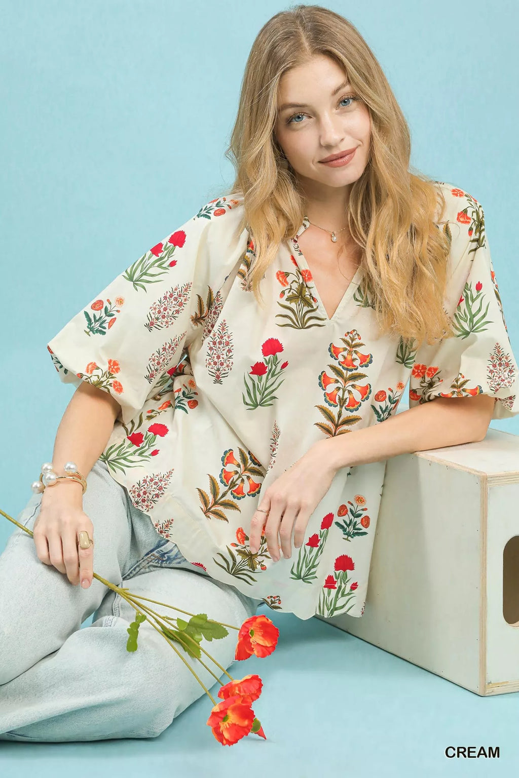 Umgee Floral Print Puff Sleeve Scallop Hem Blouse