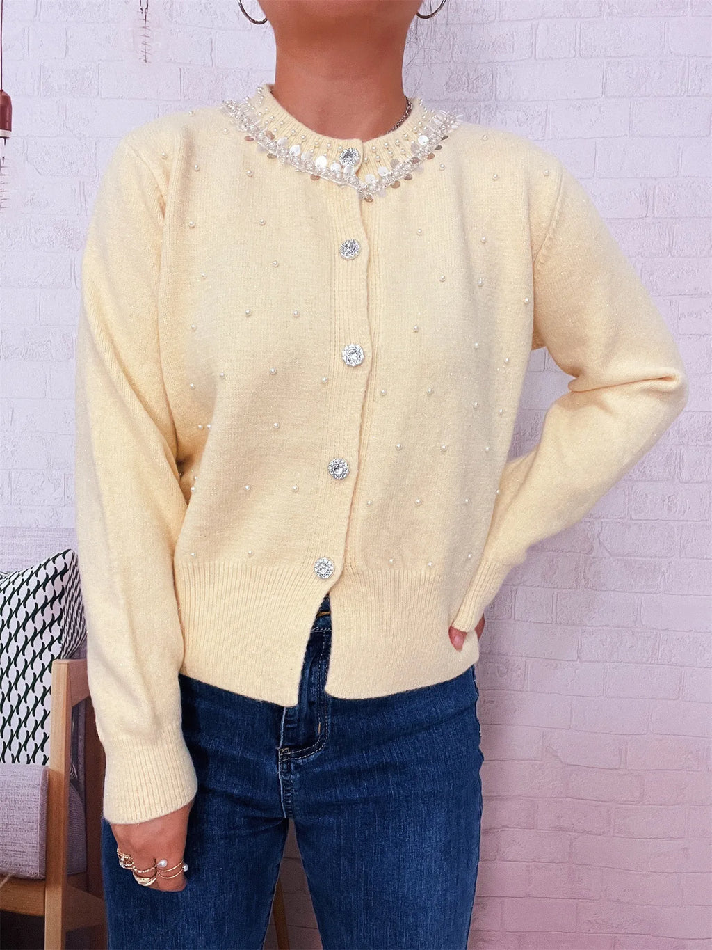 Pearl Detail Button-Front Cardigan