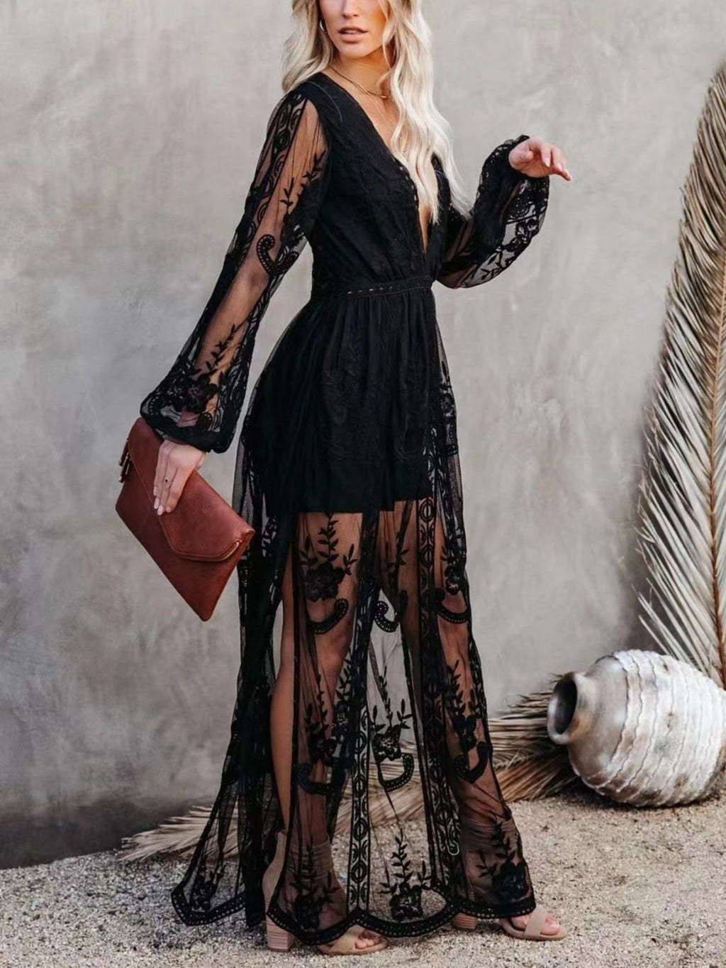Floral Lace Slit Maxi Dress