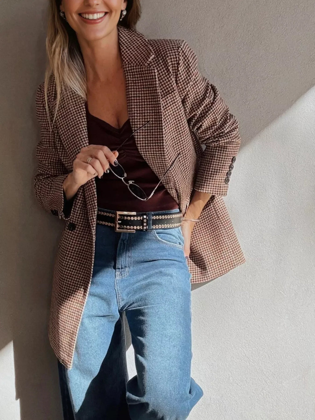 Houndstooth Lapel Collar Blazer