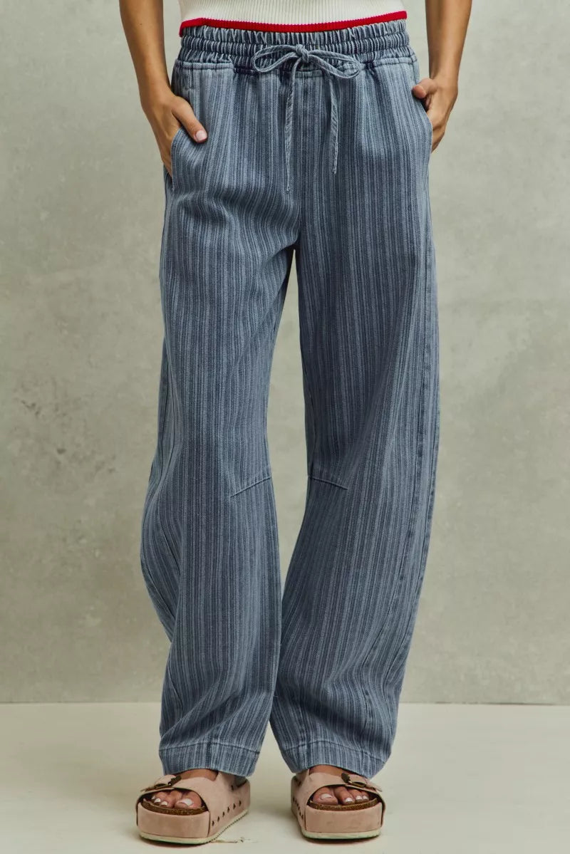 SO ME Stripe Denim Barrel Jeans Drawstring Waistband