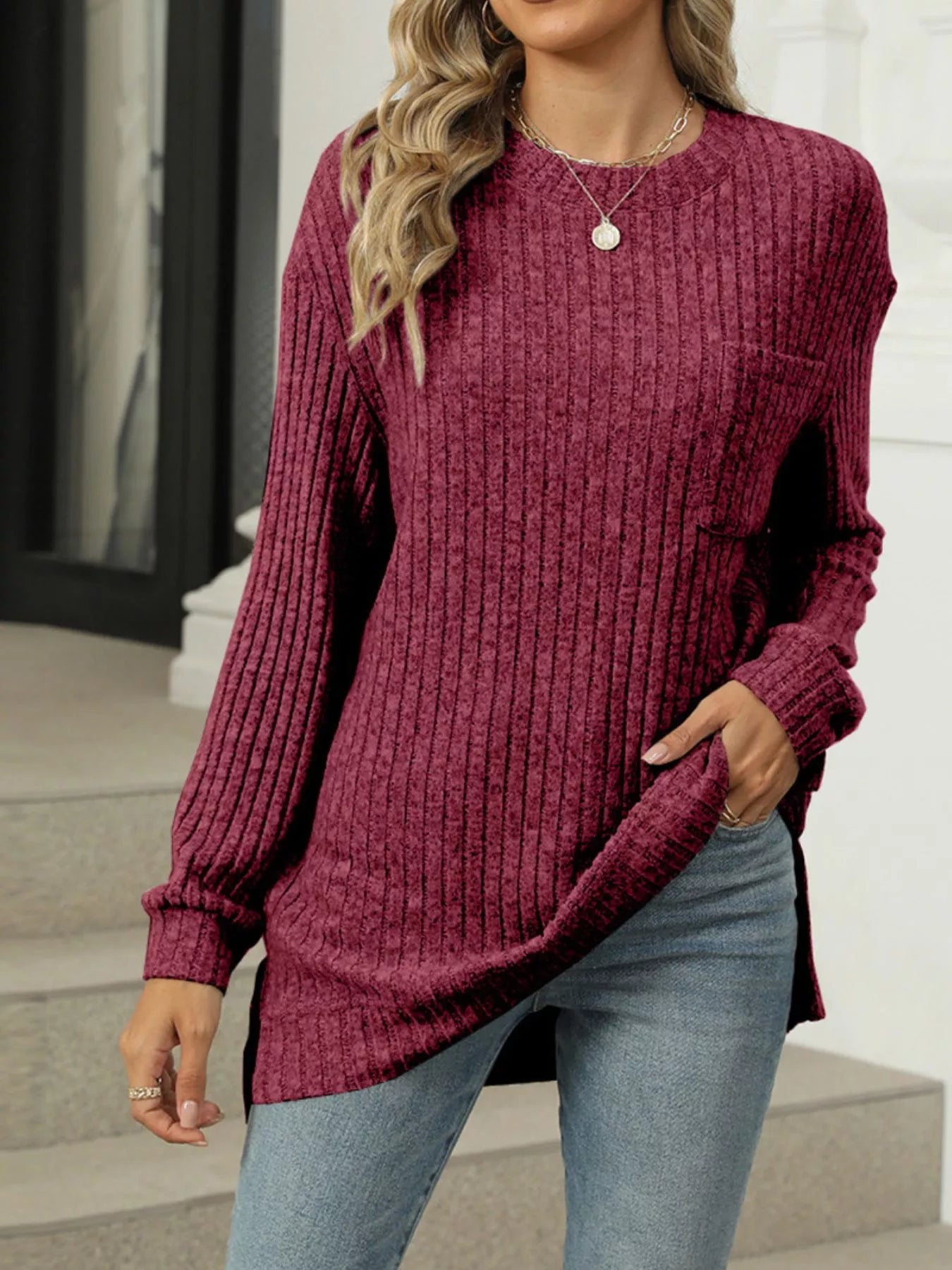 Ribbed Knit Round Neck Sweater